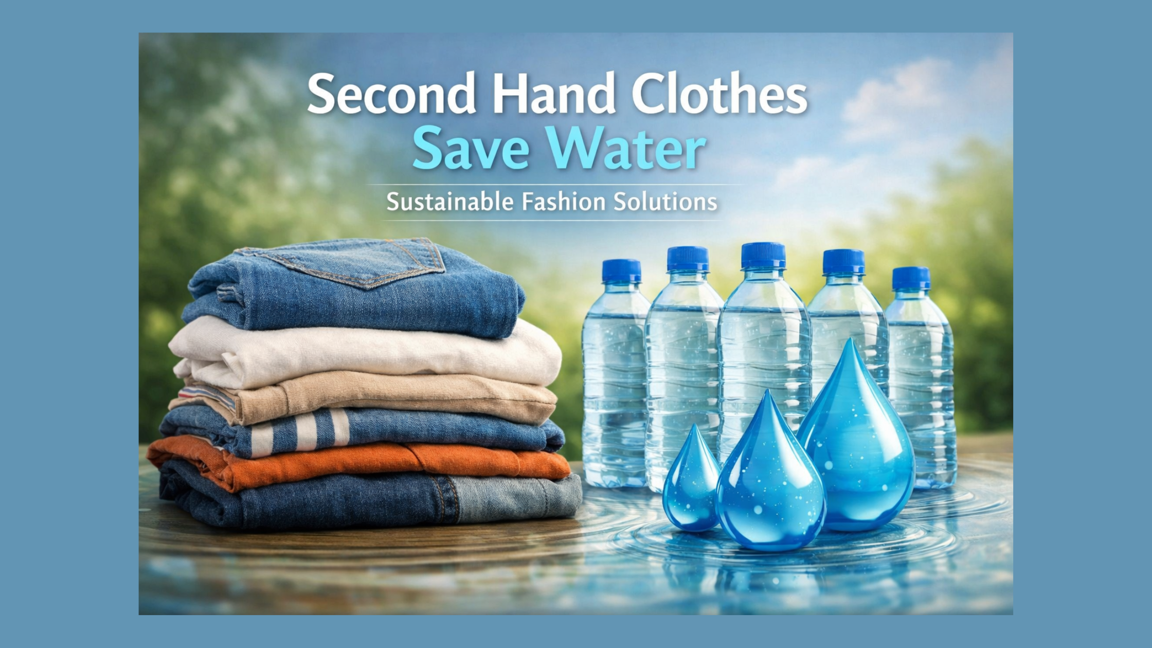 Second hand clothing stacked with water bottle icons representing water savings and sustainable fashion concept