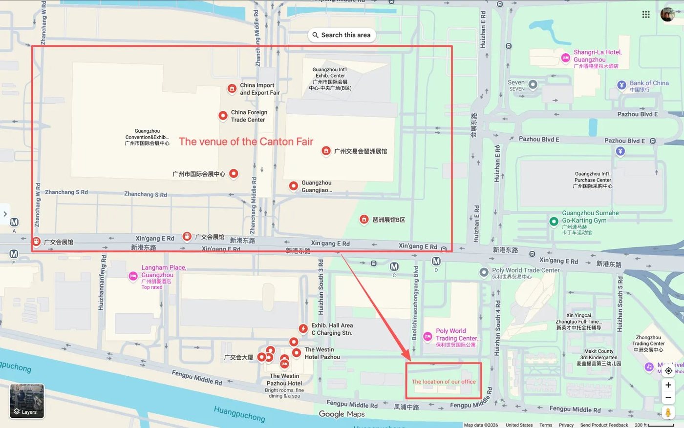 Map of King AAA permanent office location beside the Canton Fair complex in Guangzhou