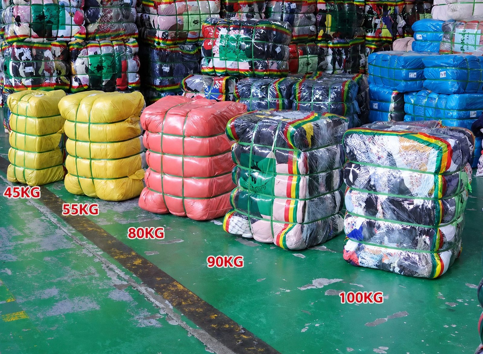 King AAA wholesale second hand clothing bale packaging specifications in 45kg 55kg 80kg 90kg 100kg bales at Guangzhou factory