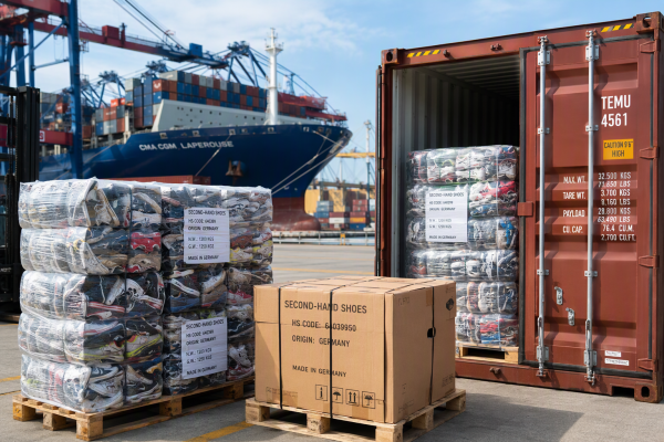 Fardos de zapatillas y zapatos usados al por mayor preparados para exportación marítima a Latinoamérica