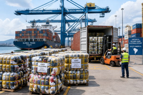 Fardos de roupas usadas atacado para brechós no Brasil prontos para exportação marítima para Santos