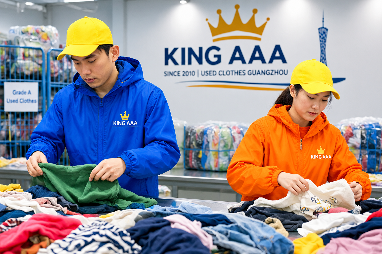 Inspección minuciosa y clasificación de ropa de segunda mano en KingAAA Guangzhou por personal calificado