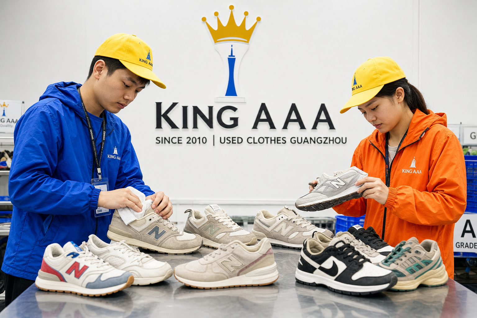 Pemeriksaan kualitas dan pemasangan pasangan sepatu bekas branded Grado A di pabrik KingAAA Guangzhou