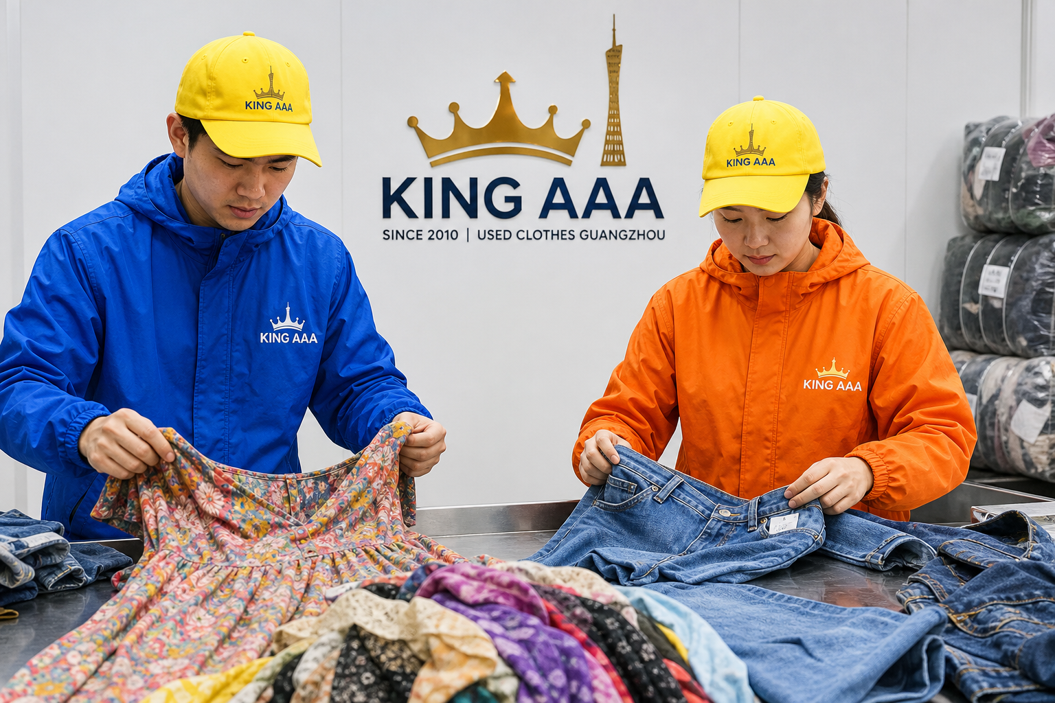 Triagem de roupas usadas femininas e vintage para brechó na fábrica KingAAA Guangzhou