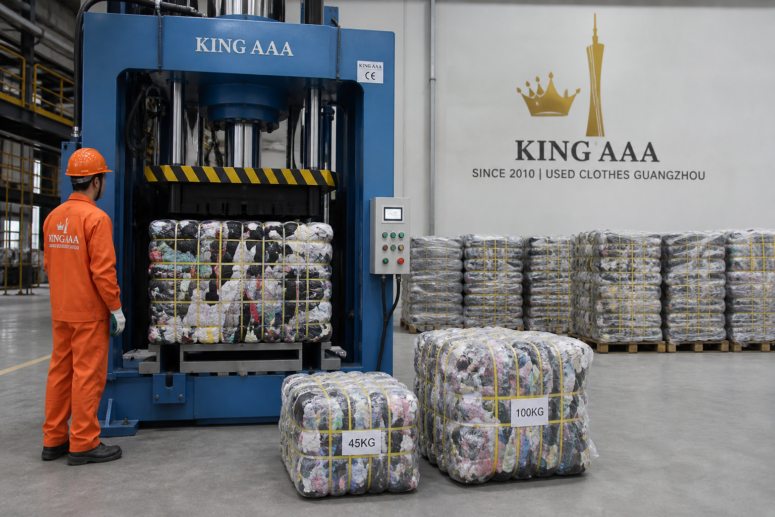 مكبس هيدروليكي لضغط بالات ملابس مستعملة 45 كجم و 100 كجم في مستودع KingAAA