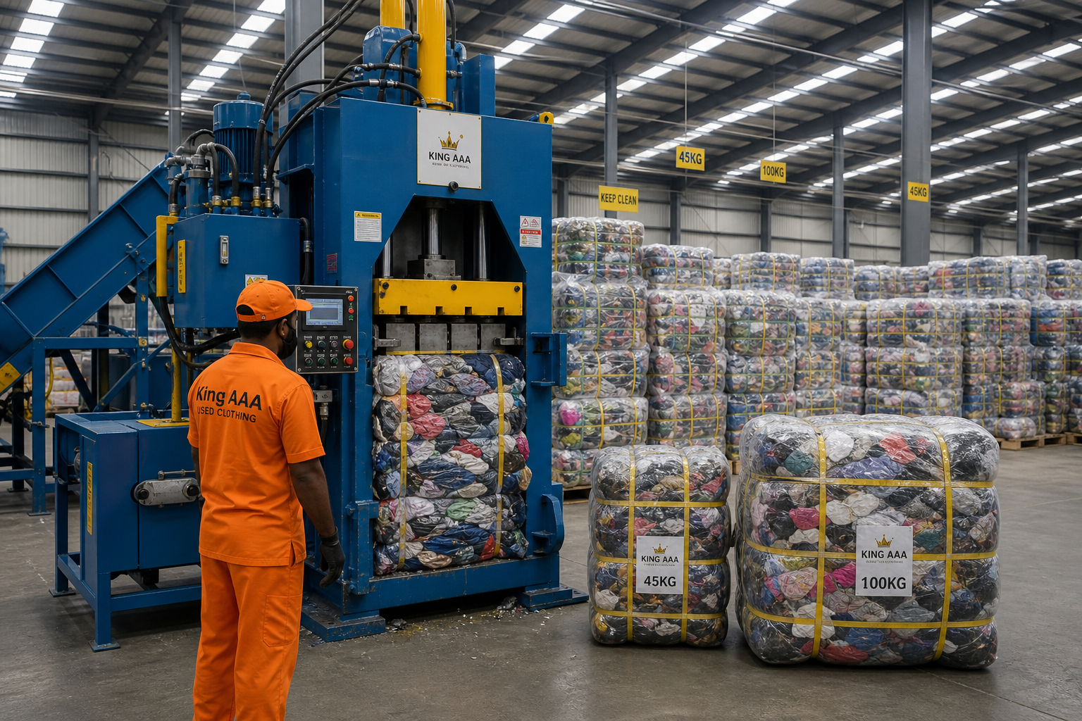 Prensado hidráulico y almacenamiento de fardos de ropa de 45kg y 100kg en KingAAA