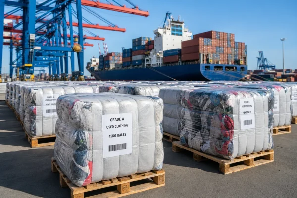 Grade A used clothing bales loaded at international container port terminal ready for export