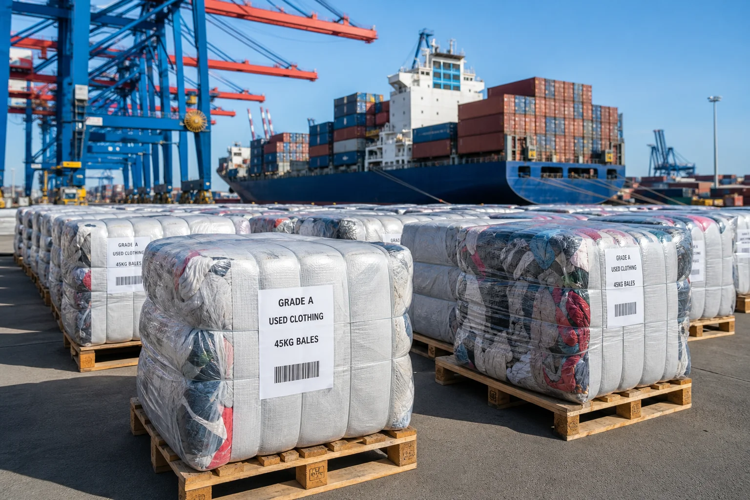Grade A used clothing bales loaded at international container port terminal ready for export